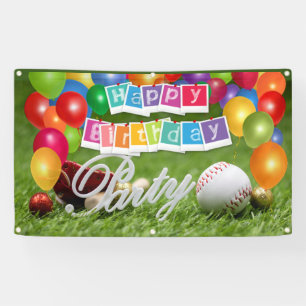 Baseball Player Party Happy Birthday with balloon  Banner