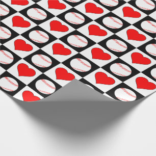 Baseball Player Red Heart Chequered Pattern Wrapping Paper