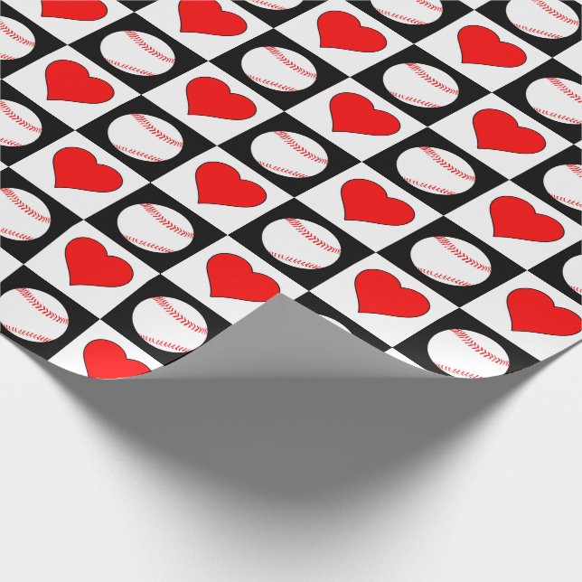 Baseball Player Red Heart Chequered Pattern Wrapping Paper (Corner)