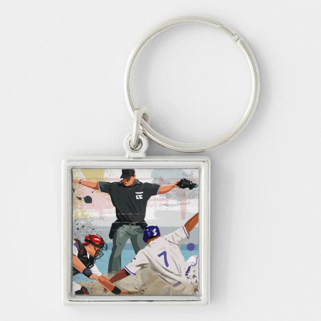 Baseball player safe at home plate keychain (Front)