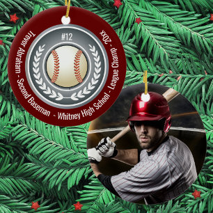 Baseball Player School Silver Grey Red Photo Ceramic Ornament