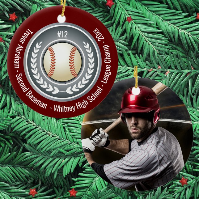 Baseball Player School Silver Grey Red Photo Ceramic Ornament (Personalized baseball ornament featuring team colors, photo, name, number, and school details.)