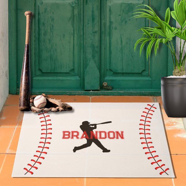 Baseball Player Silhouette With Name Sports Theme  Doormat (Personalized Name Baseball Sports Theme Red White Front Door or Bedroom Doormat With Baseball Player)