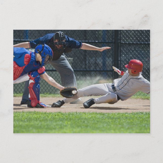 Baseball player sliding into home plate postcard (Front)
