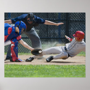 Baseball player sliding into home plate poster
