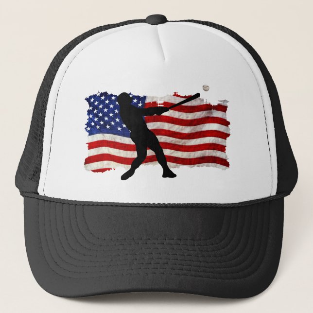 Baseball Player Sports Ball Game USA Flag Trucker Hat (Front)