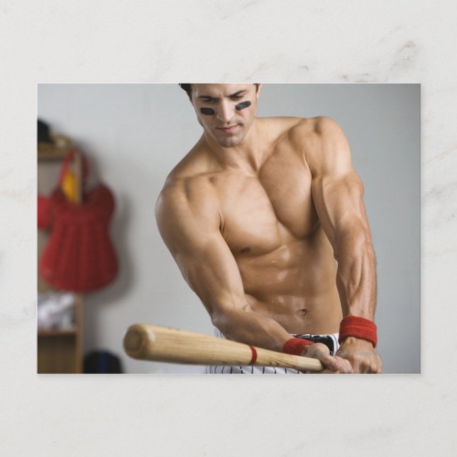 Baseball player with bare chest warming up with postcard (Front)
