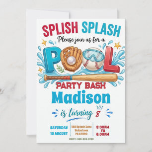 Baseball Pool Swimming Party Boy Birthday Invitation