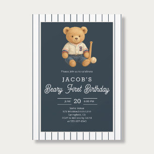 Baseball Preppy Bear 1st Birthday Invitation