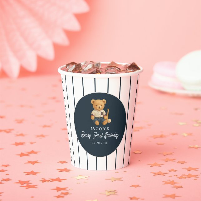 Baseball Preppy Bear 1st Birthday Paper Cups (Insitu)