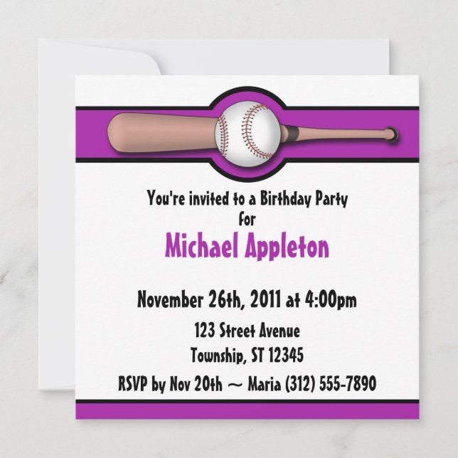 Baseball Purple Birthday Invitations (Front)