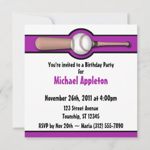 Baseball Purple Birthday Invitations