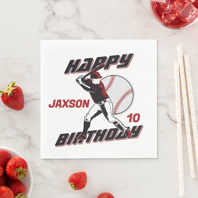 Baseball Red Black Any Age Happy Birthday Napkin (Insitu)