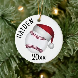 Baseball Santa Hat Christmas Ceramic Ornament