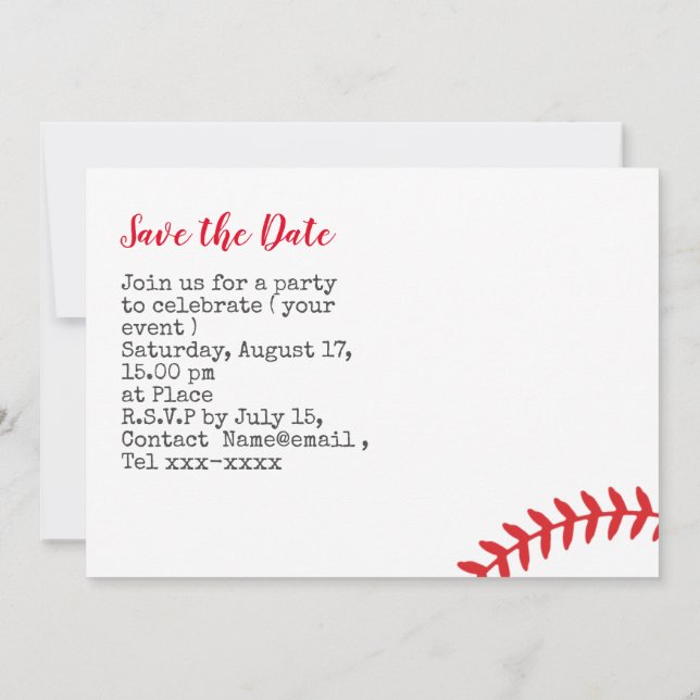 Baseball save the date Party  Invitation (Back)