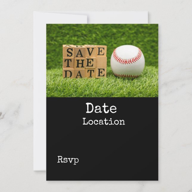 Baseball save the date with ball on green grass in invitation (Front)