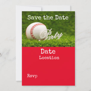 Baseball save the date with ball on green grass invitation