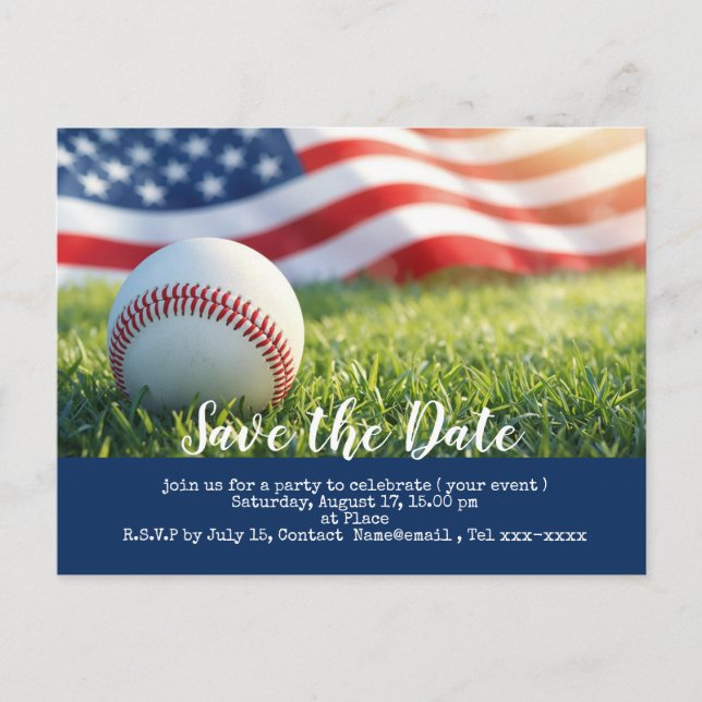 Baseball save the date with flag of America   Postcard (Front)