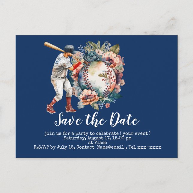 Baseball save the date with floral ball on blue postcard (Front)