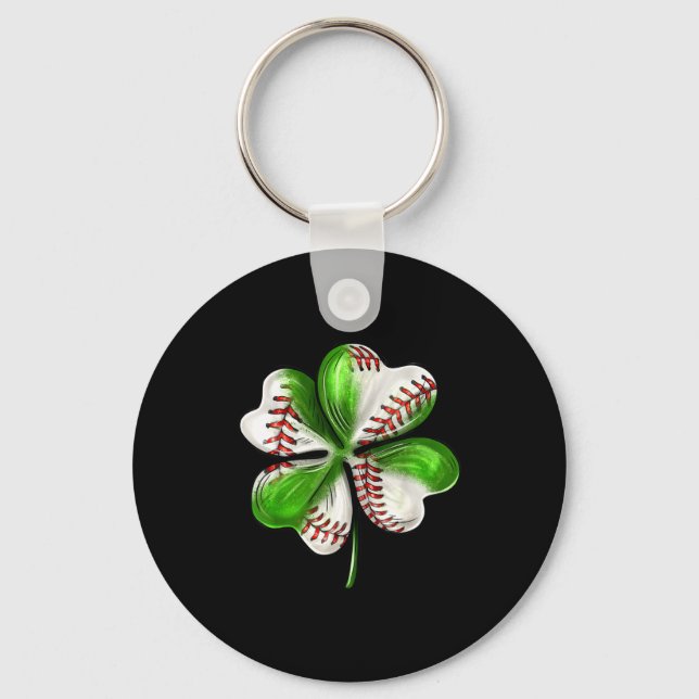 Baseball Shamrock St Patrick's Day Clover With Bas Keychain (Front)