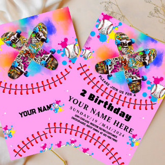 Baseball skateboard graffiti colourful party pink invitation