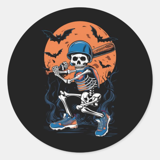 Baseball Skeleton Halloween Baseball Halloween Classic Round Sticker (Front)