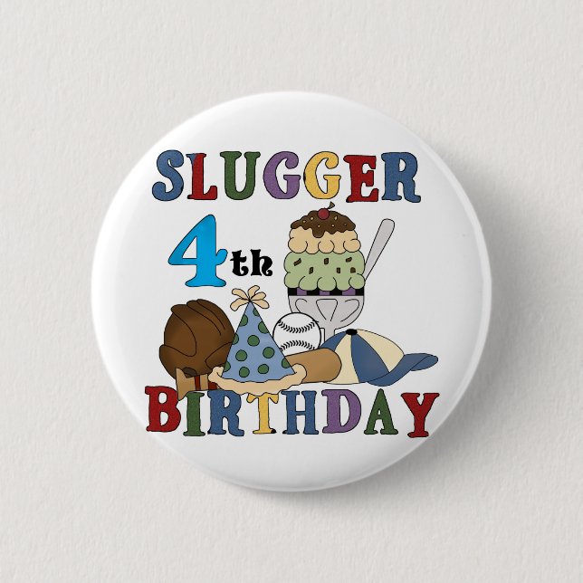 Baseball Slugger 4th Birthday 2 Inch Round Button (Front)