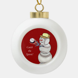 Baseball Snowman Ceramic Ball Christmas Ornament