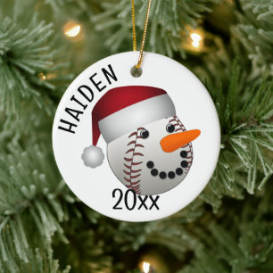 Baseball Snowman Christmas Ceramic Ornament