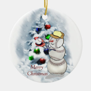 Baseball Snowman Christmas Ceramic Ornament