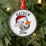 Baseball Snowman Christmas Metal Ornament<br><div class="desc">* Cute baseball snowman wearing a Santa hat. * Ornaments have several style and shape options available. * Ceramic ornaments are double sided (customize front and back). * Choose font style, colour and size of text to add text. * Add background colour to colour of your choice. * Use the...</div>