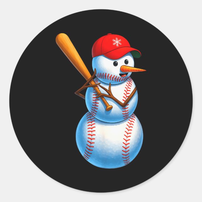 Baseball Snowman Merry Christmas Xmas Pajamas Men  Classic Round Sticker (Front)