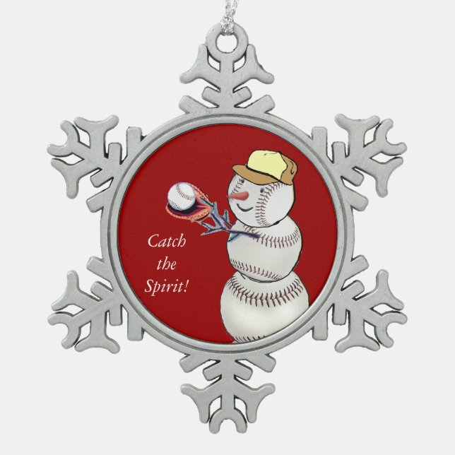 Baseball Snowman Snowflake Pewter Christmas Ornament (Front)