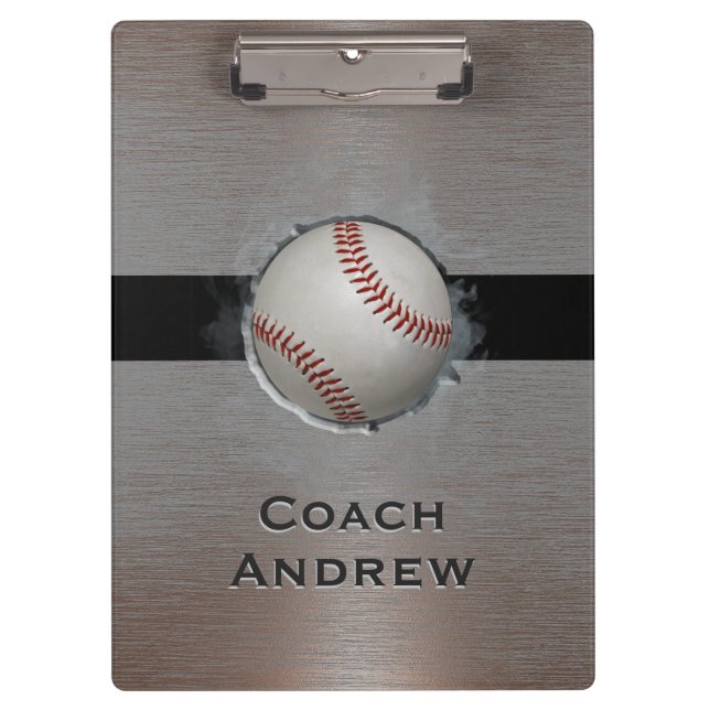 Baseball Softball Coach Custom Name Faux Metal Clipboard (Front)