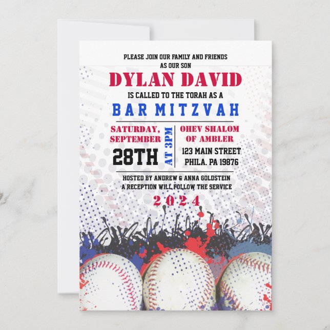 BASEBALL Splatter Bar Bat mitzvah Invitation (Devant)