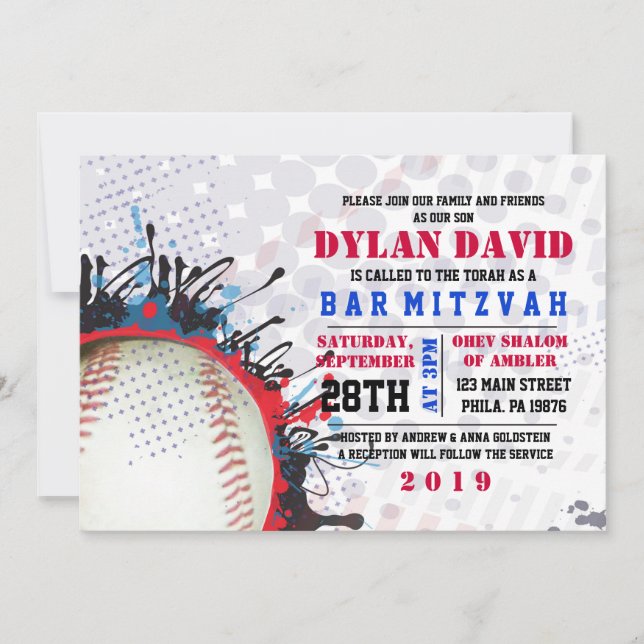 BASEBALL Splatter Bar Invitation Bat mitzvah (Devant)