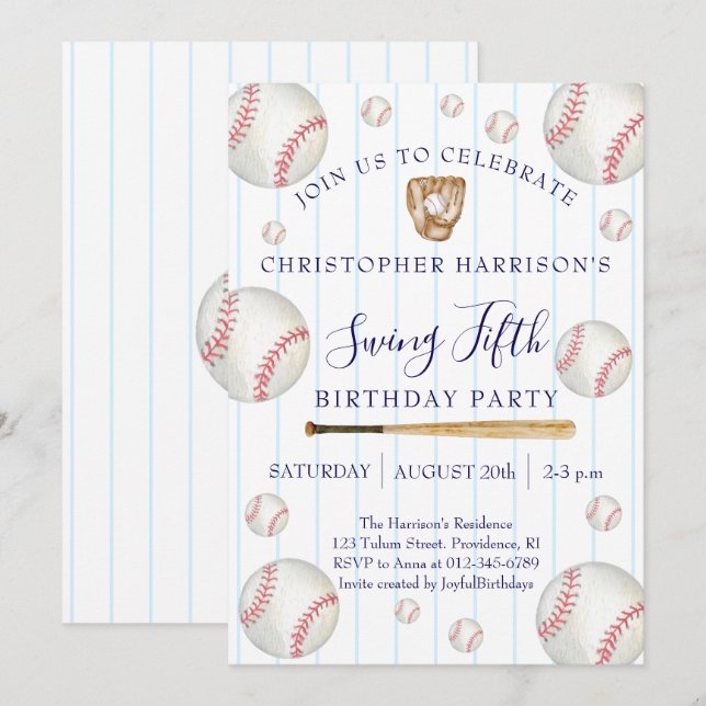 Baseball Sport Boy 5th Birthday Invitation (Front/Back)