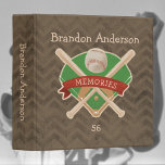 Baseball Sport Memories for Children Binder<br><div class="desc">Baseball sport memories or cards can be stored in this cool,  baseball theme binder with brown chevron striped background,  personalized with name and number on front.  Baseball diamond with bats and ball wrapped in red banner.  Glove graphic on back.</div>