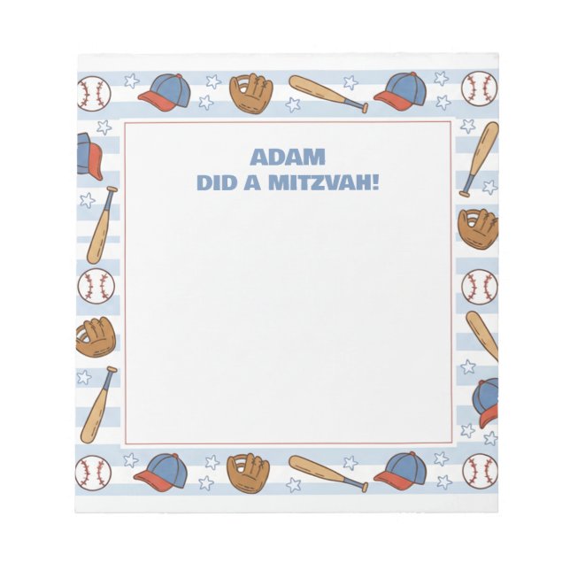 Baseball Sport Theme Personalized Mitzvah  Notepad (Front)