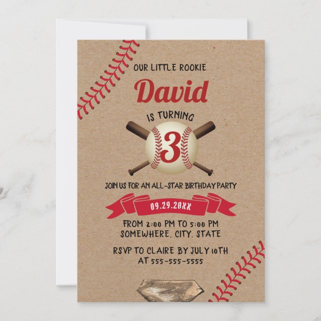 Baseball Sports All Star Rustic Kraft Birthday Invitation (Front)