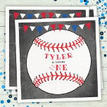 Baseball Sports Chalkboard 1st Birthday Napkin<br><div class="desc">Baseball Sports Chalkboard 1st Birthday Napkin / Cute birthday party napkins for a 1st birthday party in a baseball theme. The design has a baseball and bunting flags in red,  white and blue colours on a chalkboard background. Personalize this birthday party napkin with child`s name.</div>
