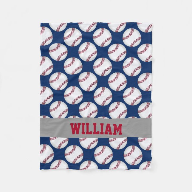 Baseball Sports Personalized Red White Blue Fleece Blanket (Front)