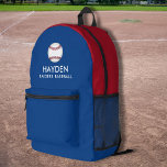Baseball Sports Team Personalized Colours Name  Printed Backpack<br><div class="desc">Super fun,  sporty backpack featuring a baseballl and two lines of custom text. Easily change the colours to match your team colours. Roomy enough for books,  computer,  sports gear and more - or use as a travel or sleepover bag too. Your baseball fan/player will truly love this custom backpack.</div>