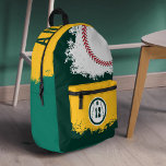 Baseball Sports Team Player Jersey Number Green Printed Backpack<br><div class="desc">Fun sport-themed personalized baseball backpack. The design features a baseball graphic with a customizable player jersey number on the front pocket. Large baseball with reed stitches and name displayed boldly along the top. A fun personalized backpack design for baseball sports lovers and baseball players. Design by Moodthology Papery</div>