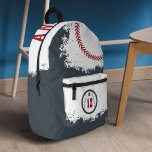 Baseball Sports Team Player Jersey Number Grey Printed Backpack<br><div class="desc">Fun sport-themed personalized baseball backpack. The design features a baseball graphic with a customizable player jersey number on the front pocket. Large baseball with reed stitches and name displayed boldly along the top. A fun personalized backpack design for baseball sports lovers and baseball players. Design by Moodthology Papery</div>