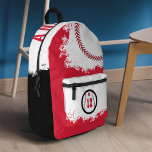 Baseball Sports Team Player Jersey Number Red Printed Backpack<br><div class="desc">Fun sport-themed personalized baseball backpack. The design features a baseball graphic with a customizable player jersey number on the front pocket. Large baseball with red stitches and name displayed boldly along the top. A fun personalized backpack design for baseball sports lovers and baseball players. Design by Moodthology Papery</div>