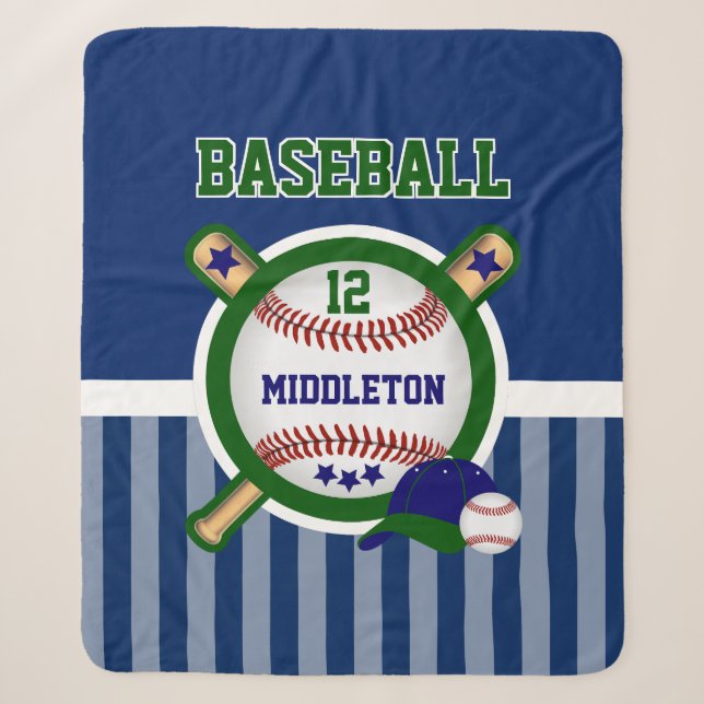Baseball Star in Dark Blue and Green Sherpa Blanket (Front)