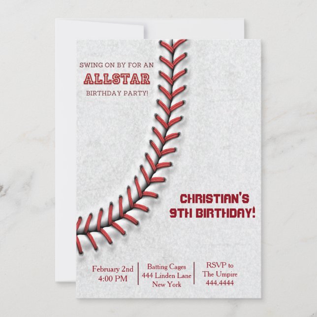 Baseball Stitch Birthday Invitations (Front)