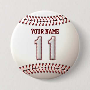 Baseball Stitches Player Number 11 and Custom Name 3 Inch Round Button