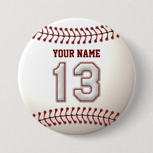 Baseball Stitches Player Number 13 and Custom Name 3 Inch Round Button